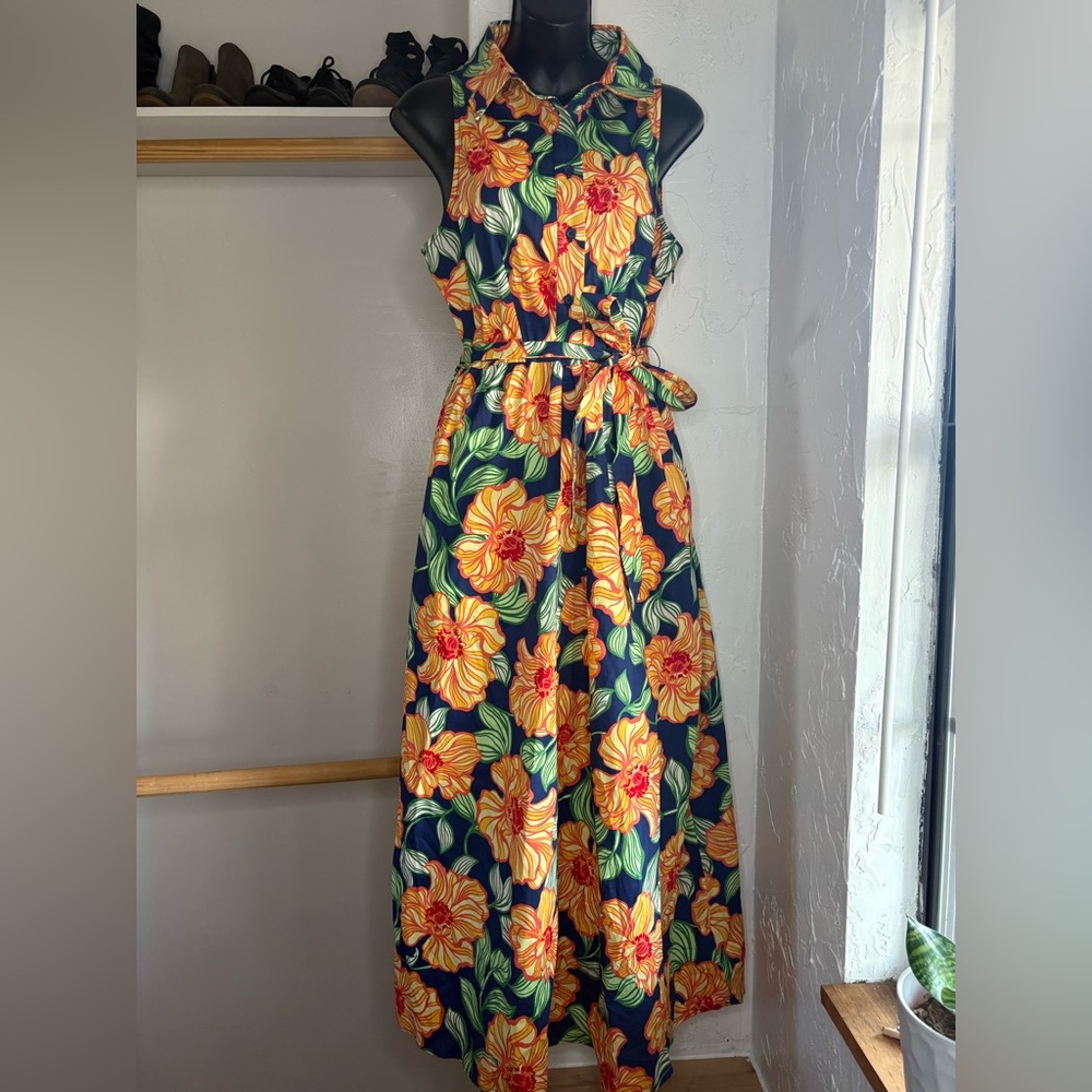 Maggy London Navy Floral Tie-Waist Sleeveless maxi dress with Yellow Flowers 10 - Picture 6 of 9